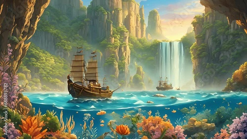 serene idyllic paradise nestled heart ocean, guarded imposing cliffs that stand guardians legendary island. subject Atlantis, beautiful queen with mesmerizing features, 2d animation photo