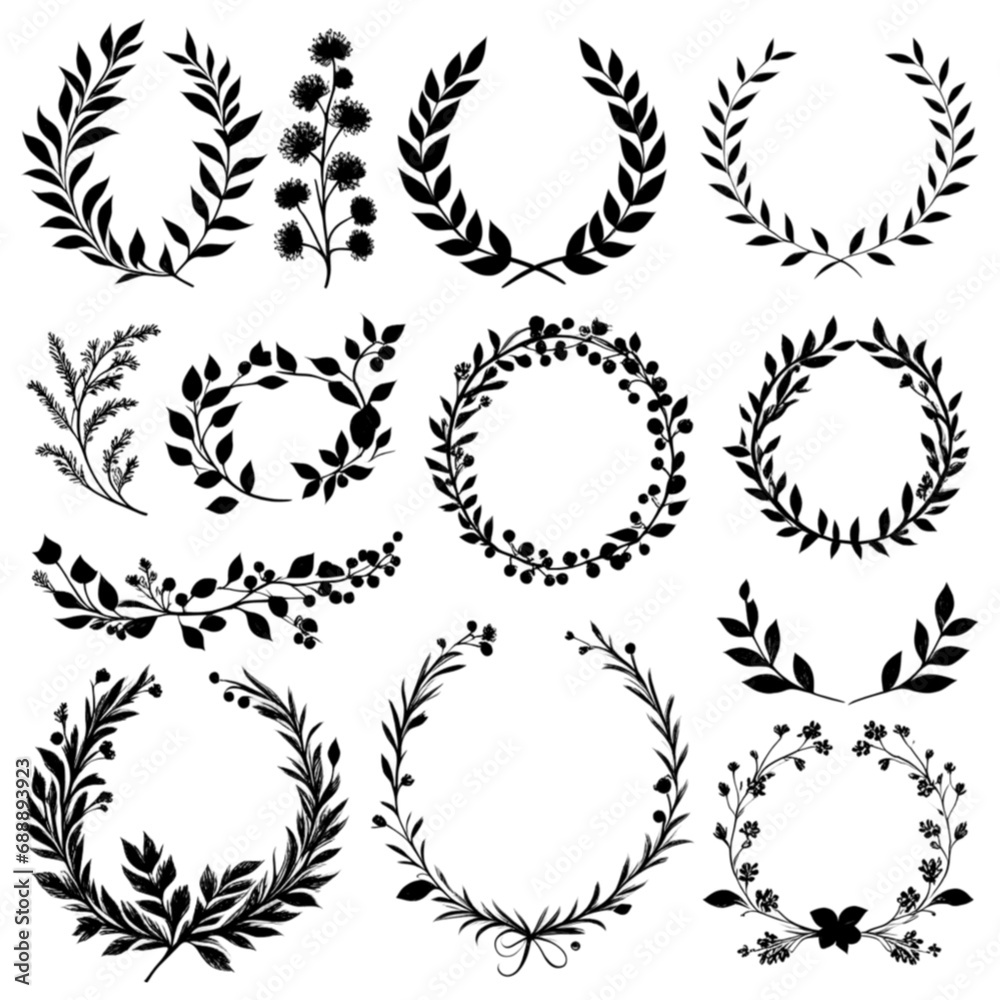 hand drawn laurel wreaths on white background, Design elements