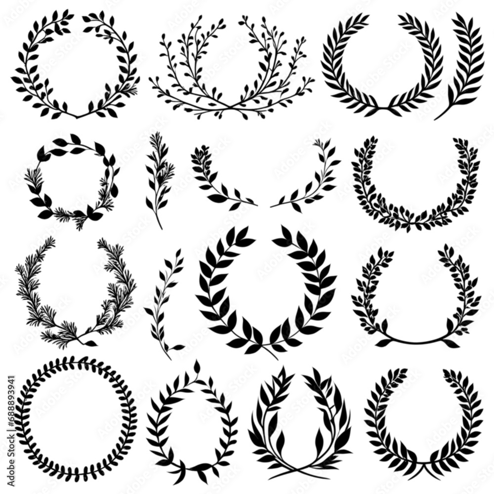 hand drawn laurel wreaths on white background, Design elements