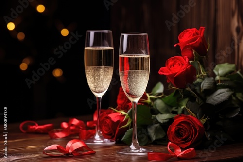 Elegant Celebration: Witness the Romantic Ambiance as Champagne Glasses Await a Toast on a Dinner Table Overflowing with Roses and Valentine's Day Decorations.
