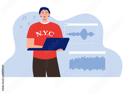 Music composer creating and recording music. Music studio Illustration.