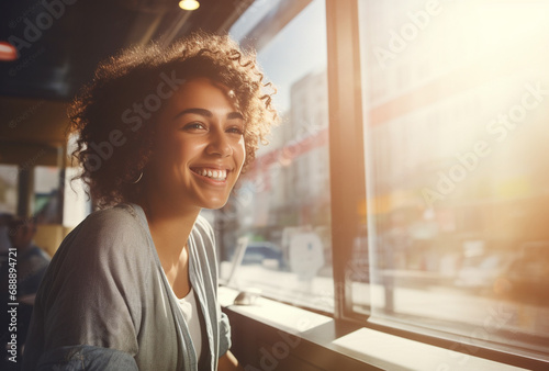 young African businesswoman, radiating joy and relaxation as she smiles against the backdrop of a sunset-lit window. Generative AI.