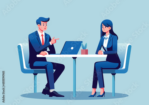 Man and a woman are engaged in a business discussion at office table. The man pointing to a laptop screen, seems to be explaining a concept, while the woman listens attentively. illustrator vector