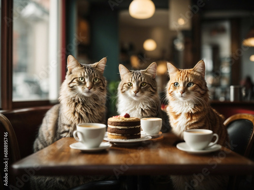Cats having a tea party at a cafe photo