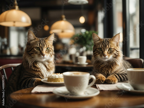 Cats sitting on chairs in a cafe