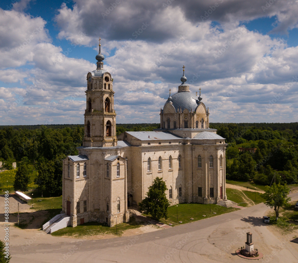 View of white-stone Orthodox church of Life-Giving Trinity in Gus-Zhelezny, Ryazan region, Russia.