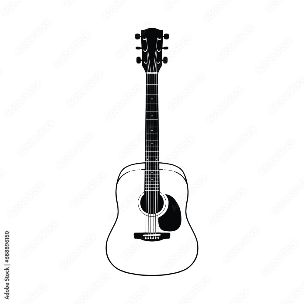 Acoustic guitar hand drawn vector illustration isolated on white background. Design element for shirt design, logo, sign, poster, banner, card.