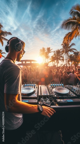 Dj mixing outdoor at beach party festival with crowd of people in background © David