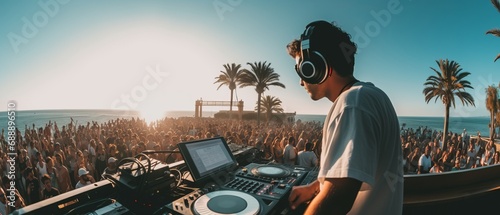 Dj mixing outdoor at beach party festival with crowd of people in background photo