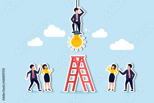 Initiative idea, leader or ambition to act to get solution and solve problem, courage to success or motivation and challenge concept, businessman initiate solution climb up lightbulb to get solution.