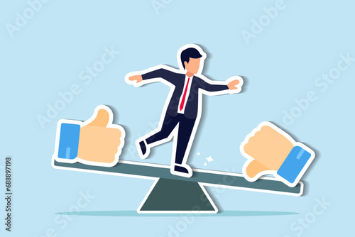 Demerit and merit evaluation, advantage and disadvantage in comparison, performance assessment, manager evaluation, judgment concept, businessman balance on seesaw with thumb up and thumb down. photo
