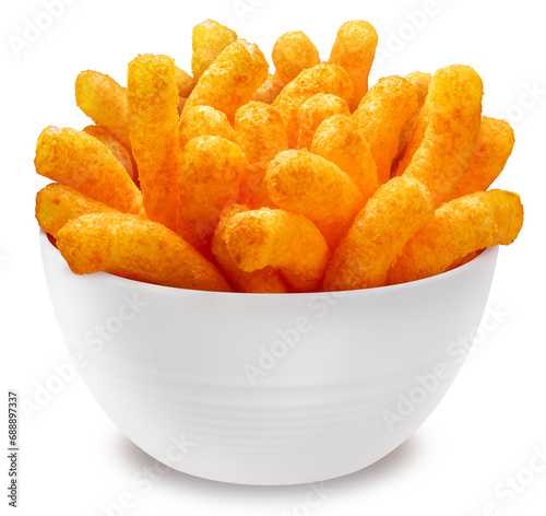 Puffed corn snacks cheesy in white paper bag isolated on white background, Puff corn or Corn puffs cheese flavor on white With clipping path.