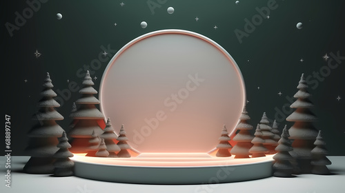 Podium for show product with Christmas tree and moon. 3d illustration. Mockup of Christmas winter scene