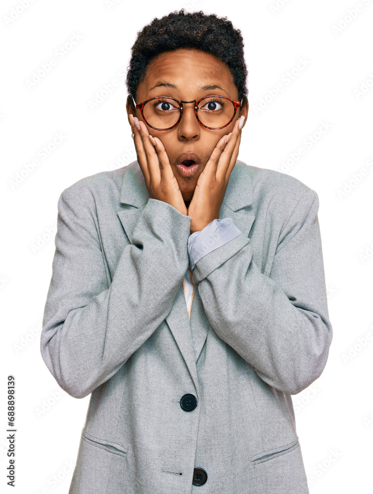 Young african american woman wearing business clothes afraid and shocked, surprise and amazed expression with hands on face Young african american woman wearing business clothes afraid and shocked, surprise and amazed expression with hands on face