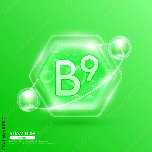 Green molecule atom vitamin B9 in hexagon. Surrounded by collagen solution hyaluronic acid serum and moisturizer. Essential to the health skin care. For cosmetic beauty nutrition. Vector EPS10.
