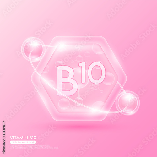 Pink molecule atom vitamin B10 in hexagon. Surrounded by collagen solution hyaluronic acid serum and moisturizer. Essential to the health skin care. For cosmetic beauty nutrition. Vector EPS10.