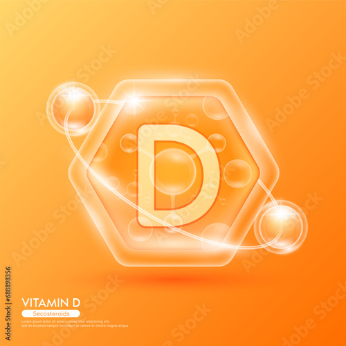 Orange molecule atom vitamin D in hexagon. Surrounded by collagen solution hyaluronic acid serum and moisturizer. Essential to the health skin care. For cosmetic beauty nutrition. Vector EPS10.
