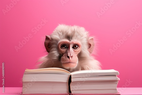 A cute monkey with a stack of books on a pink background.