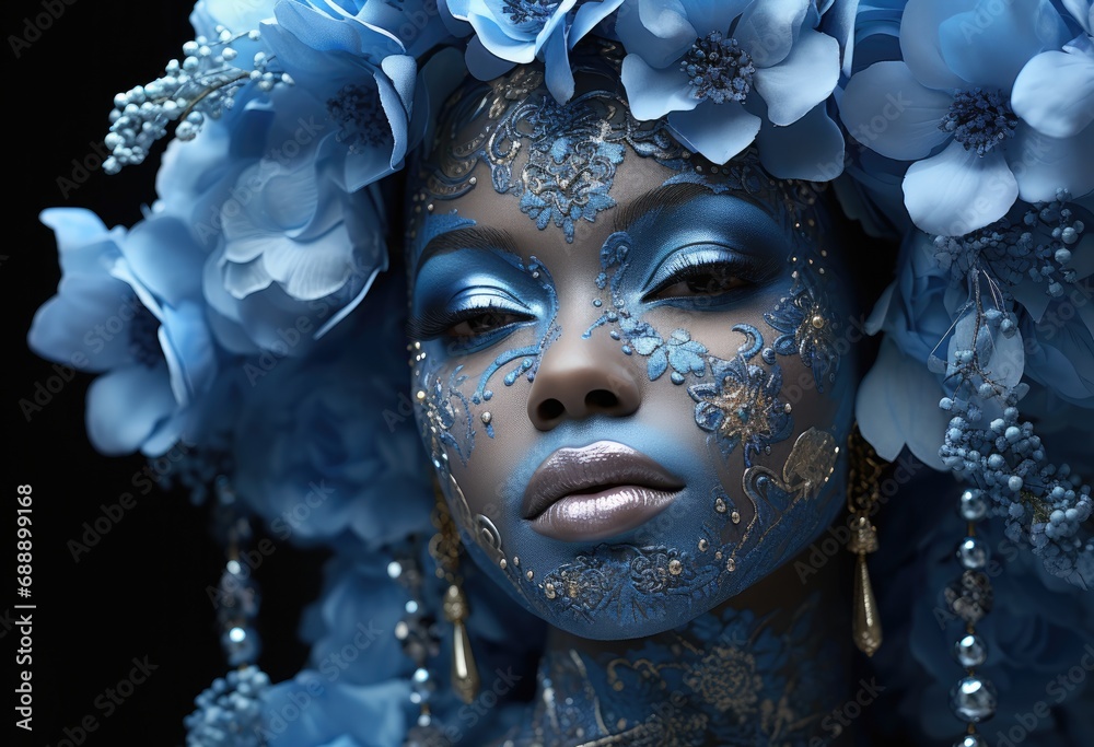 Black woman with blue makeup and flowers on head