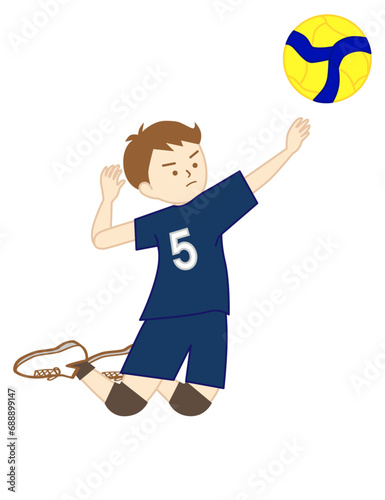 バレーボールの試合で全身を使って左手でアタックをする男の子(右向き)