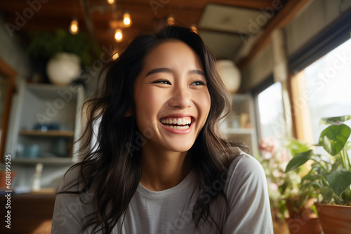 portrait of a young asian woman smiling sitting at home photo