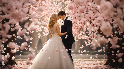 桜の木の下で結婚式を挙げる新郎新婦 photo
