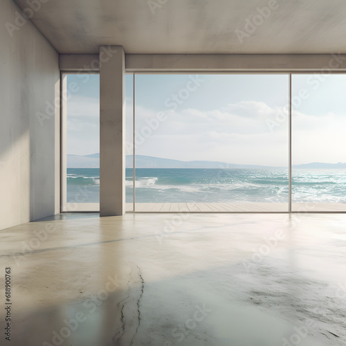 Indoors with a view of the sea, without anyone, Generative AI © JWCreative