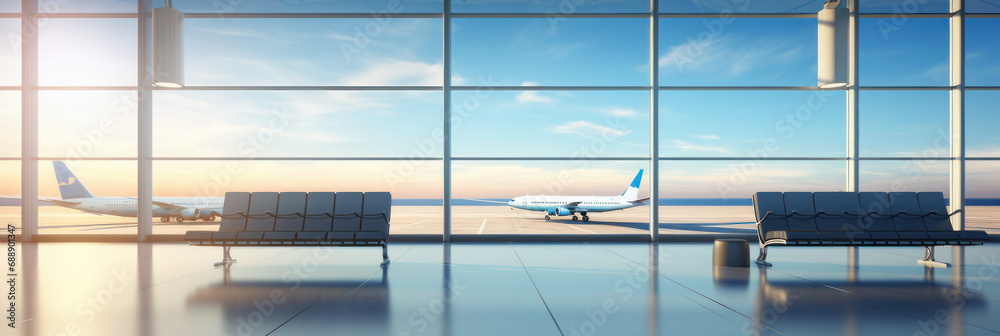 Emptiness Embodied Airport Terminal Lounge Awaiting Arrival, Airplane on Background