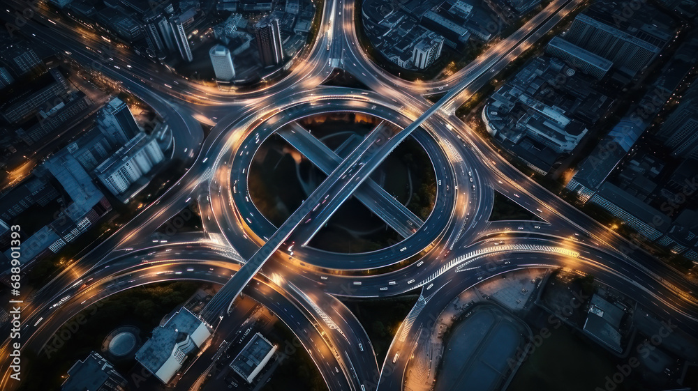 top view , night , roundabout interchange of a city, Expressway is an important infrastructure - obrazy, fototapety, plakaty 
