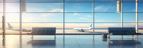 Obraz na płótnie Emptiness Embodied Airport Terminal Lounge Awaiting Arrival, Airplane on Background w salonie
