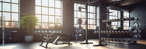 Modern Light-Filled Gym Featuring a Rack with Barbells of Various Weights