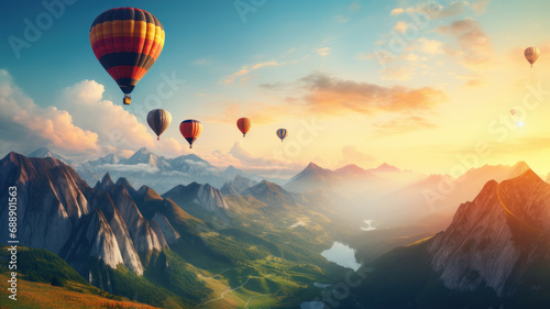 Colorful hot air balloons flying over mountain © wiparat