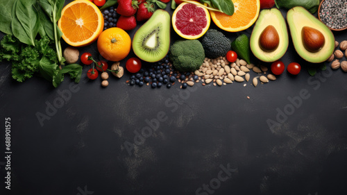 Different vegetables  seeds and fruits on grey table  flat lay. Healthy diet