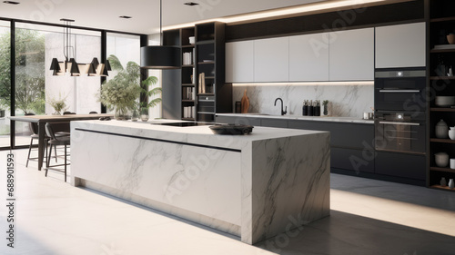 Front view of a modern designer kitchen with smooth handleless cabinets with black edges, black glass appliances, a marble island and marble countertops photo