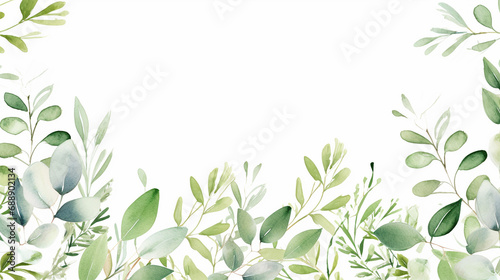 Watercolor floral frame border - flowers and green leaves. 