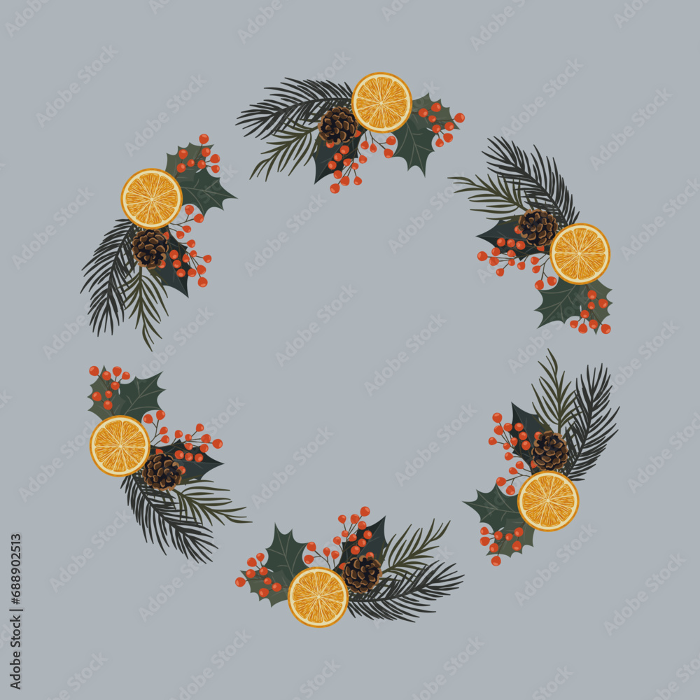 Świąteczna ramka z plastrami pomarańczy, gałązkami choinki, szyszkami i czerwonymi jagodami. Zimowa kompozycja. - obrazy, fototapety, plakaty 