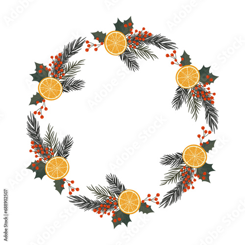 Fototapeta Naklejka Na Ścianę i Meble -  Świąteczna ramka z plastrami pomarańczy, gałązkami choinki i ostrokrzewu. Zimowa kompozycja.