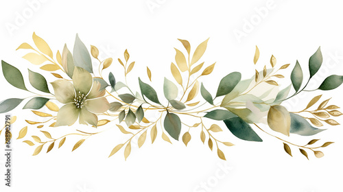 Watercolor floral frame border - gold branches and leaves