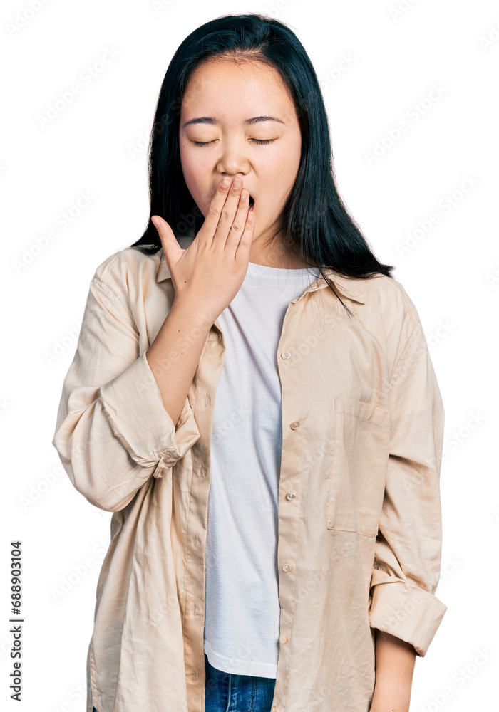 Young chinese woman wearing casual white t shirt and jacket bored yawning tired covering mouth with hand. restless and sleepiness. Young chinese woman wearing casual white t shirt and jacket bored yawning tired covering mouth with hand. restless and sleepiness.