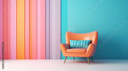  Pastel multi colour vibrant groovy retro striped background wall frame with bright armchair decor. Mock up template for product presentation.