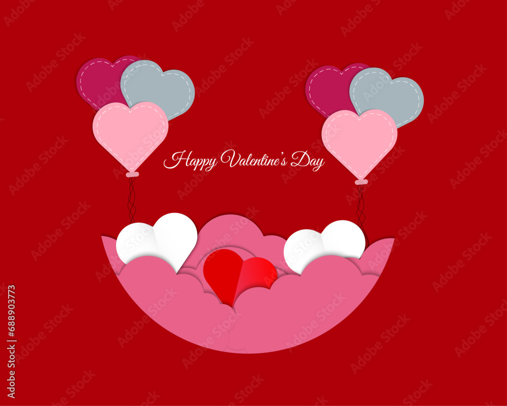 Happy Valentine's Day With Balloon Hearts And Cloud Papercut Design