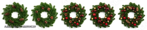 isolated christmas wreath and red gold balls on white