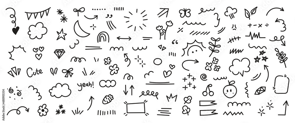 Set of cute pen line doodle element vector. Hand drawn doodle style collection of speech bubble, arrow, rocket, butterfly, crown, heart. Design for decoration, sticker, idol poster, social media. - obrazy, fototapety, plakaty 