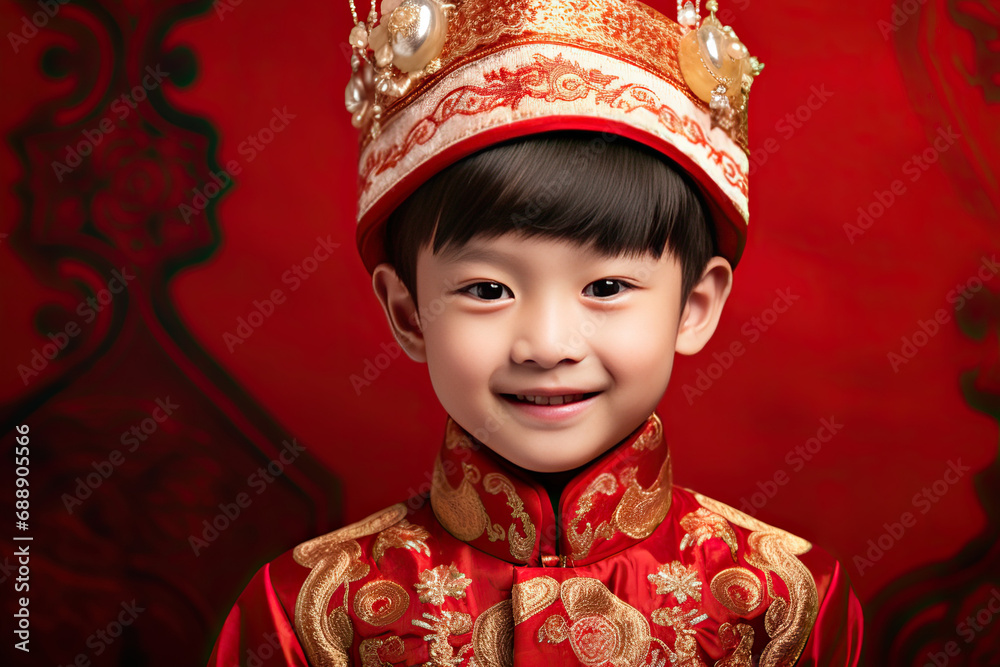 cute chinese kid on traditional costume on red background