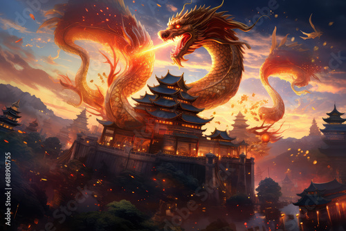 an image of a dragon flying through lanterns