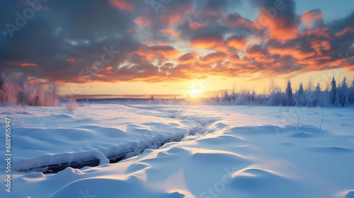 Landscape of a sunrise or sunset in the middle of a snowy expanse