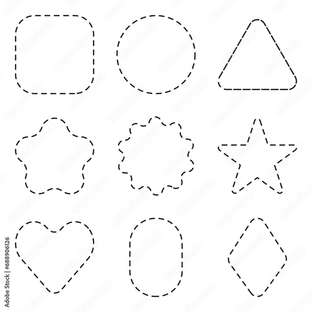 Set of different shapes with cut lines. Dash line shapes. Set of different shapes with cut lines. Dash line shapes.