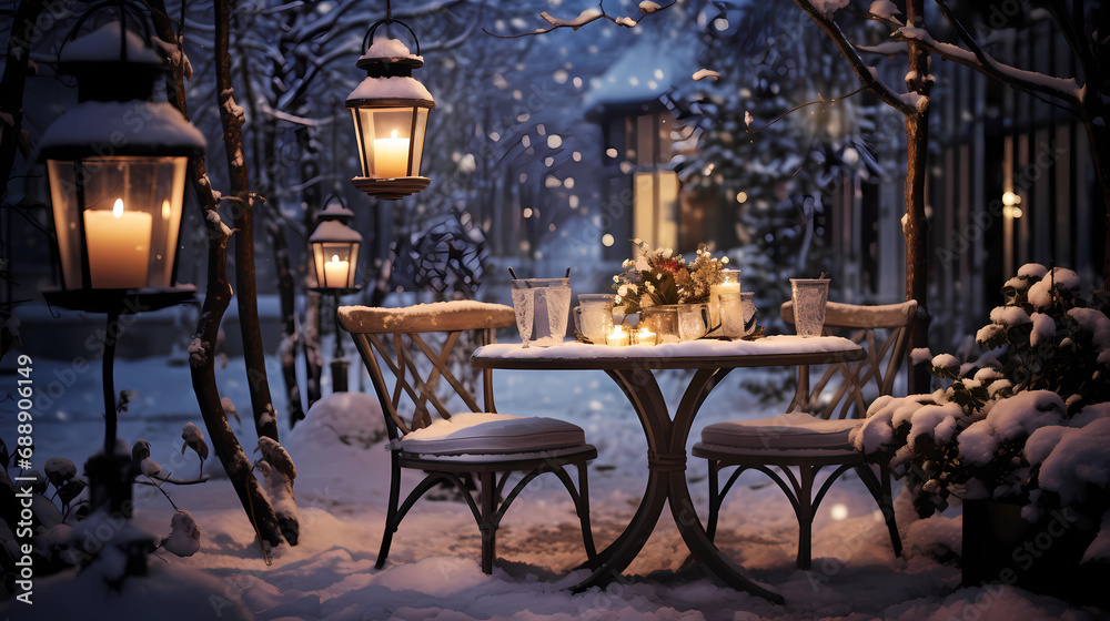 Outdoor dining table with candles in the midst of snow