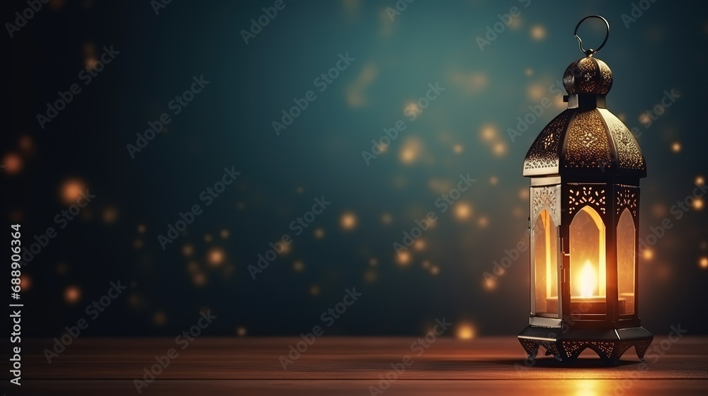 beautiful burning arabic lantern on wooden table, ramadan background with copy space for text