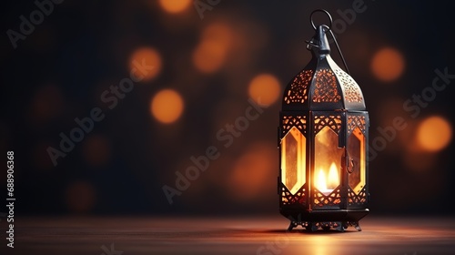 beautiful burning arabic lantern on wooden table, ramadan background with copy space for text